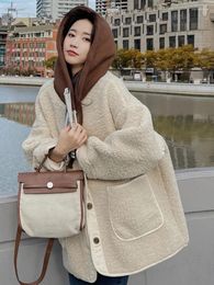 Women's Fur LANMREM Korean Style Lamb Winter Jackets Women Contrast Color Hooded Single Breasted Coat Fashion 2023 Clothing 23984