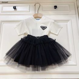 Luxury baby Tracksuits summer kids Dress girl Two piece set Size 100-150 White T-shirt and black lace skirt Dec05