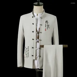 Men's Suits 4XL Single Breasted Chinese Type Long Sleeve Tunic Jacket Pants Wedding Suit For Men 2023 Streetwear 2pcs Office Wear XXXXL