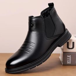 Boots Men Ankle Casual Leather Zip Round Toe Fashionable Shoes Winter Fur All-match Man Slip On Business