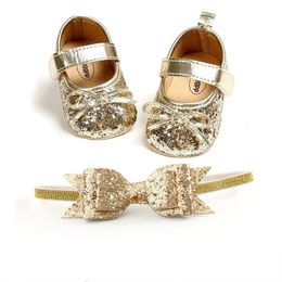 First Walkers Baby Shoes Leather Toddler Girl Sets Headband Bowknot Soft Sole Hook Loop Bling for Girls 231213