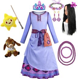 Girl's Dresses Asha Dress For Girls Princess Cosplay Clothes Luxury Print Party Frock With Belt Kids Cartoon Movie Role Playing Outfit 231213