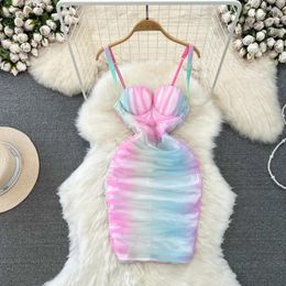 Casual Dresses Sexy Grandient Colour Spaghetti Strap Mesh Dress For Women Fashion Summer Padded Sleeveless Backless Slim Bodycon Party