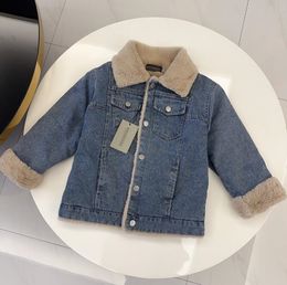 kids designer jeans jacket boy girls lapel fleece denim jackets winter children coat B2044