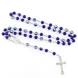 Vintage Religion Cross Pendant Rosary Necklace Jesus Women Catholic Virgin Mary Glass Bead Link Chain Men Choker Jewelry259x