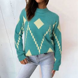 Women's Knits Tees Diamond Check Blue White Patchwork Knitted Sweater Women Fall Winter Korean Long Sleeve Round Neck Loose Pullover Tops 231213