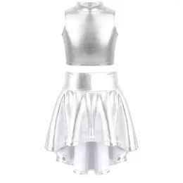 Clothing Sets Children Kids Girls Ballet Dancewear Shiny Metallic Jazz Dane Costume Performance Outfits Sleeveless Crop Top With Skirt Set