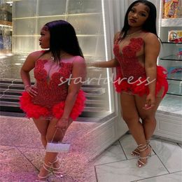 Fashion Plus Size Red Prom Dress With Rhinestone Crsytal Mini Short Cocktail Party Dress 2024 Feather Black Girls Evening Dress Elegant Occasion Formal Dress Sexy