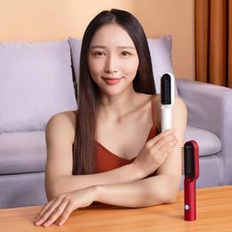 Hair Straighteners Wireless Portable Mini Heating Comb Hair Straightener Brush Sleek Hair Curler Bangs Curling Rod Hairstyling Tool Iron flat irons 231214