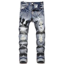 Men's Jeans High Street Stretch Embroidery Mens Ripped Streetwear Punk Style Pants for Man Slim Fashion Small Feet 231213