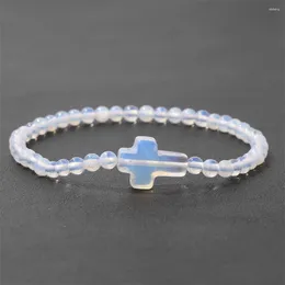 Strand Fashion 4mm Round Opal Moonstone Beads Bracelet For Women Men Natural Stone Quartz Crystal Jesus Cross Bracelets Jewellery Gift