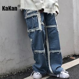 Jeans masculinos kakan europeu e americano gota sentir perna larga para homens tendência de rua solta gato quebrado emenda 27 64 231214