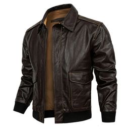 Men's Leather Faux Leather Men's Dark Brown Genuine Leather Jacket Military Pilot Cowhide Jackets Air Force Flight Classic G1 100% Calfskin Coat 231213