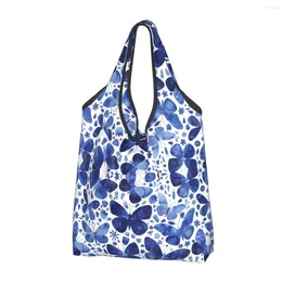 Shopping Bags Reusable Blue Butterflies Grocery Bag Foldable Machine Washable Large Eco Storage Lightweight