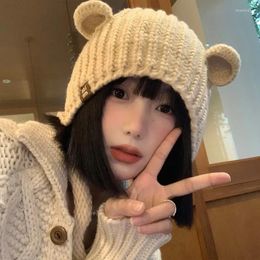 Berets Ins Cute Bear Ears Knitted Hats For Women Autumn And Winter Japanese Versatile Show Face Small Warm Ear Protector Bomber Caps