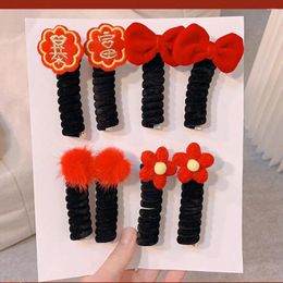 Hair Accessories Bow Year Red Rope Bands Elastic Telephone Cord Ring Ponytail Holder Flower Line Daily
