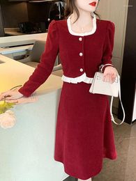 Work Dresses Autumn Corduroy Two Piece Set Fashion Women Square Collar Long Sleeve Crop Tops A Line Office Ladies Skirts Suit