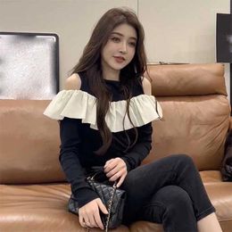 Women's Blouses Fashion O-Neck Spliced Ruffles Off Shoulder Clothing 2023 Autumn Loose All-match Pullovers Korean Shirts