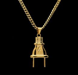 14K Gold Plated Mens Hip Hop Lighting Plug Pendant Necklace with 70cm Long Cuban Link Chain Jewelry8145914