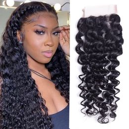 Deep Wave 4x4 Lace Closure Brazilian Virgin Human Hair Transparent Swiss Lace Free Part Pre Plucked with Baby Hair Natural Black