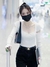 Women's Hoodies Celebrity Xu Lu's Same Style White Square Neck Knitted Shirt For Spring And Autumn 2023 Sweater Design Sense Small