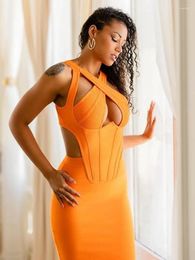 Casual Dresses HQBORY Sexy Orange Bandage Dress 2023 Summer Women Keyhole Cross Bodycon Hollow Party Club Criss Quality XL Vestidos