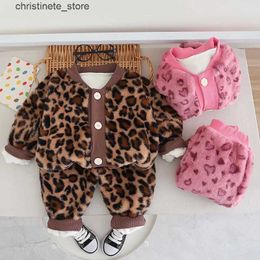 Pyjamas Autumn Winter Children Girls 2PCS Clothes Set Love Cotton Coat Leopard Fleece Pant Baby Girl Loungewear Outfit Kids Girl Pyjamas R231214