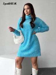 Casual Dresses Autumn Winter Plush Sweater Mini Dress Women Elegant Long Sleeve Turtleneck Slim 2023 Fashion Streetwear Warm Soft