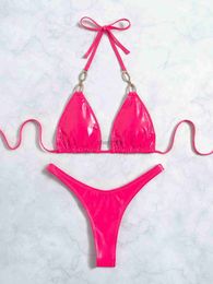 Women's Swimwear Summer Bathing Suit Thong Swimwear 2022 Sexy Bright Bikini Women Solid Neon Hot Pink Rhinestone Strap Push Up Swimsuit Cut Out YQ231214