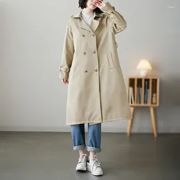 Women's Trench Coats #7073 Khaki Office Tretch Coat Women Belt Loose Straight Overcoat Outerwear Double Breasted Ladies Vintage Autumn