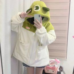 Women's Hoodies Autumn Winter Cute Sweatshirts Coat Colour Block Plush Ear Kawaii Sweatshirt Warm Jacket Hooded Letter Print Female Tops