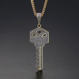 New Men's Key Style Pendant Necklace Ice Out Cubic Zircon Gold Colour Fashion Rock Street Hip Hop Jewellery With Chain For Gift245m