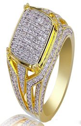 European and American Big Size Mens Hip Hop Rings Jewlry 18K Gold Plated Copper Square Cluster Rings Glaring Zircon Rings9439021