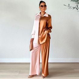 Women's Two Piece Pants CHYXSB 2023 Casual Style Spring And Summer Fashion Stitching Colour Long Sleeve Lapel Shirt Set