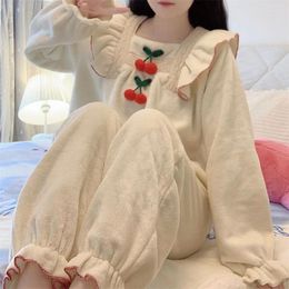 Women's Sleepwear Sweet Cute Girls Cherry Thick Pyjamas Women Winter Korean Version Princess Flower Home Suit Famale Loose Outerwear Set