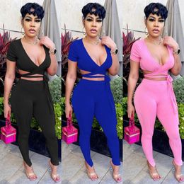 Women's Two Piece Pants Women's Casual Two-piece Summer Solid Rib Short Sleeve Tie Top Pencil Sports Suit