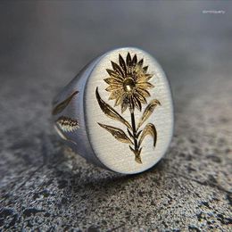 Cluster Rings Handmade Carved Gold Color Sunflower Ring Flower Daisy For Women Female Wild Jewelry Accessories SZ 5-11