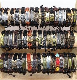 Whole 50pcsLot Leather Metal Charm Bracelets For Men Vintage Wrist Cuff Bracelets For Women Gifts Jewellery Mix Style 2205199760672