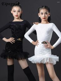 Stage Wear Latin Dance Girls Autumn And Winter Mesh Embroidery Long Sleeve Professional Exercise Clothing Art Exam Show Performance Gown