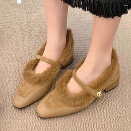 Dress Shoes Suede Mary Jane Fur Women Mid Heels 2024 Winter Shallow Sheos Designer Pumps Boots Short Plush Cosy Zapatillas Mujer