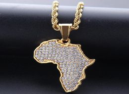 Hip Hop African Maps Full Drill Pendant Necklaces 14kK Gold Plated Set Auger Crystal Stainless Steel Necklace Mens Women Jewelry G5912274