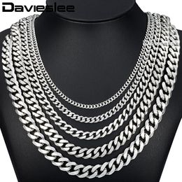 Davieslee 60cm Mens Chain Silver Colour Stainless Steel Necklace for Men Curb Cuban Link Hip Hop Jewellery 3 5 7 9 11mm DLKNM07243G