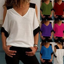 Women's T Shirts Patchwork Cold Shoulder T-shirt 5XL Tops V-Neck Half Sleeve Female Tee Shirt Summer Casual For Women