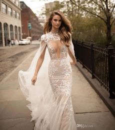 Berta Lace Mermaid Wedding Dresses Detachable Cape Plunging Neck Backless Bridal Gowns Tulle Sheer Plus Size Wedding Dress