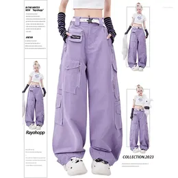 Women's Pants Summer Women Retro Purple Overalls High Waist Wide Leg Jeans Loose Casual Fashion Multi Pocket Mom Hip Hop Street Style