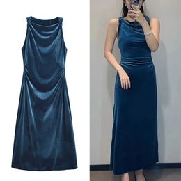 Urban Sexy Dresses TRAF Women's Velvet Midi Dress Fashion Pleated Sleeveless Robe 2024 Vintage Autumn Winter Causal Elegant Slim 231213