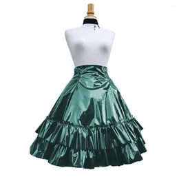 Skirts Vintage Shiny PVC Leather 2 Tiered Ruffled Skirt Sweet Round-shaped Lolita Long Trumpet Pleated Cocktail Party Club