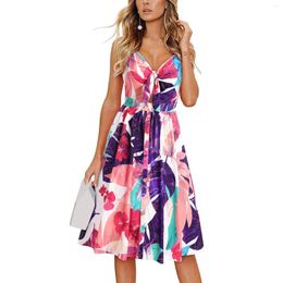 Casual Dresses Womens Floral Sleeveless Sundress V Neck Tie Knot Front Spaghetti Strap Summer