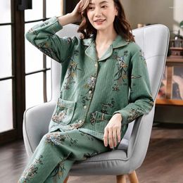 Women's Sleepwear 2024 Pajamas Autumn Winter Cotton Padded Thickened Warm Cardigan Sandwich Long Sleeve V-neck Homewear