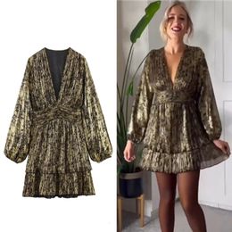 Urban Sexy Dresses TRAF Woman's Ruffle Foil Midi Dress Gold V Neck Long Sleeves Pleated 2024 Female Autumn Winter Elegant Party 231213